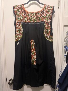 Mi Golondrina Black Top with Orange, Green & Cream Embroidery